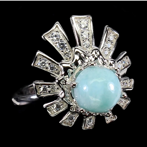 Natural Blue Larimar‎ 7mm & Cz 925 Sterling Silver Ring Size 6 - Picture 5 of 5